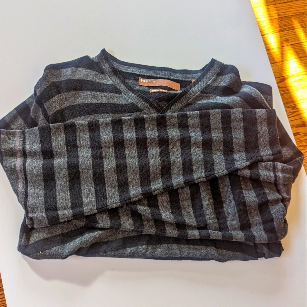 Perry Ellis sweater merino black grey long sleeve medium